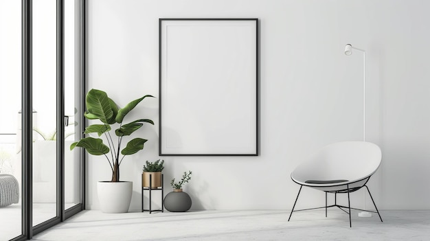 Design de salon blanc Intérieur moderne avec chaise et cadre d'affiche noir sur mur blanc