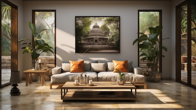 Design de salon avec canapé moderne Fontaine et frangipani arbres ombragés style thaïlandais une IA générative
