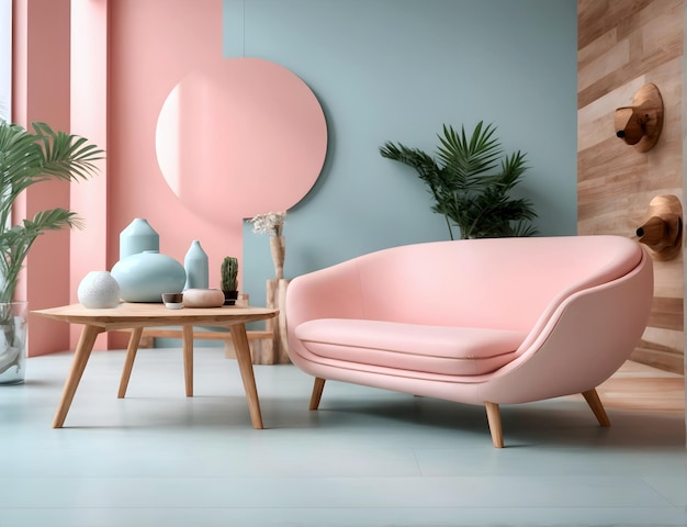 Design de salon intérieur moderne de couleur rose pastel et bleu