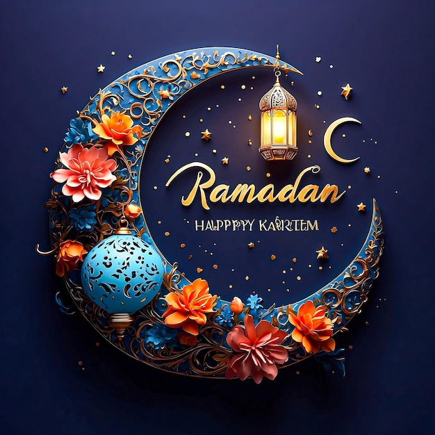 Design de salut du Ramadan Kareem avec le croissant de lune et la lanterne