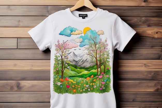 Design de T-shirt avec des fleurs colorées sur fond de bois