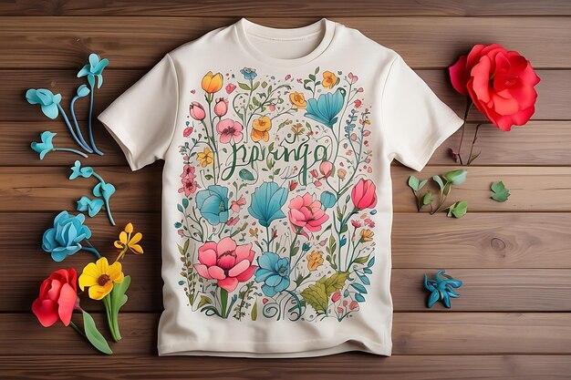 Design de T-shirt avec des fleurs colorées sur fond de bois