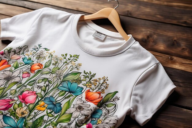 Design de T-shirt avec des fleurs colorées sur fond de bois