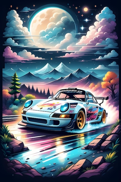 Design de T-shirt d'une voiture de course blanche dans les montagnes au clair de lune