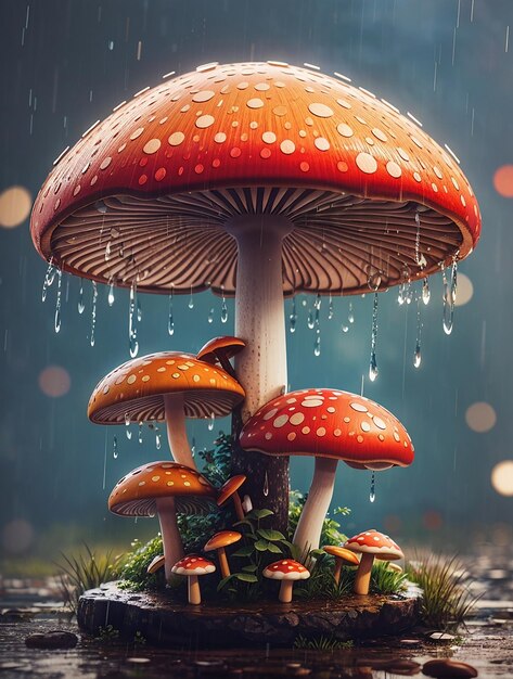 Un design vibrant et victorieux d'un stand de champignons sous la pluie rendu dans un style de dessin vintage
