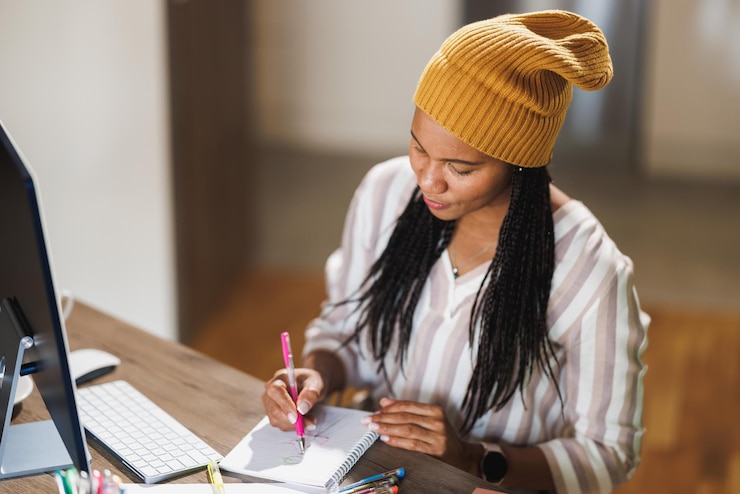 Photo une designer africaine indépendante travaillant à partir de son bureau à domicile