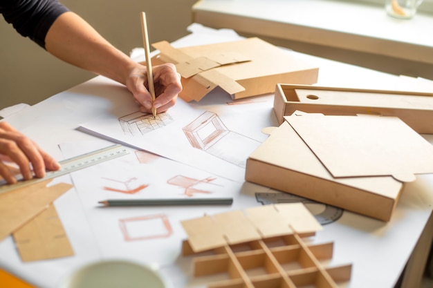 Photo designer dessine une maquette pour la fabrication de boîtes en carton.