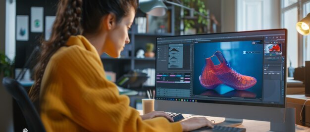 Une designer latina travaille sur un ordinateur portable en utilisant un logiciel d'édition et en créant un modèle de chaussure 3D en utilisant la technologie de modélisation