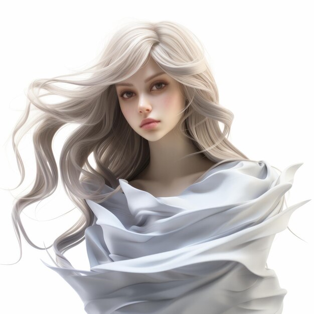 Photo designer de personnage expressif fille de style zbrush avec des cheveux longs et un foulard gris blanc