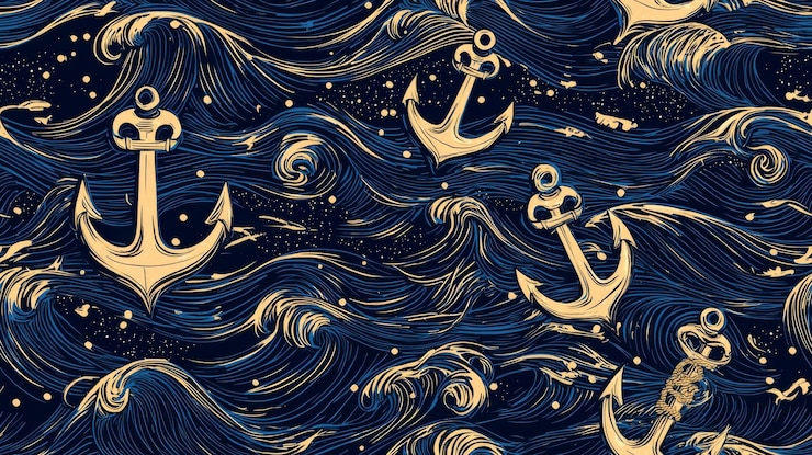 Photo designes nautiques avec des ancres et des vagues, motif sans couture, fond de mer et d'océan