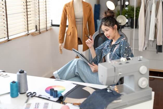 Designeuse asiatique, couturière, confectionne une nouvelle collection de vêtements sur ordinateur portable dans un atelier de couture