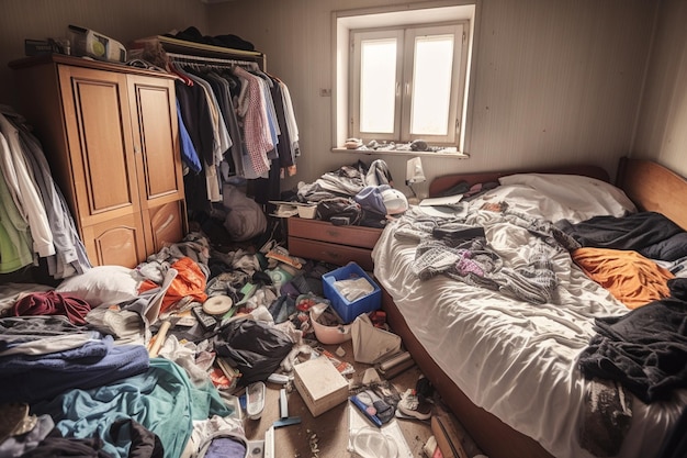 Photo désordre dans la chambre d'un adolescent des vêtements sont éparpillés sur le sol de la commode