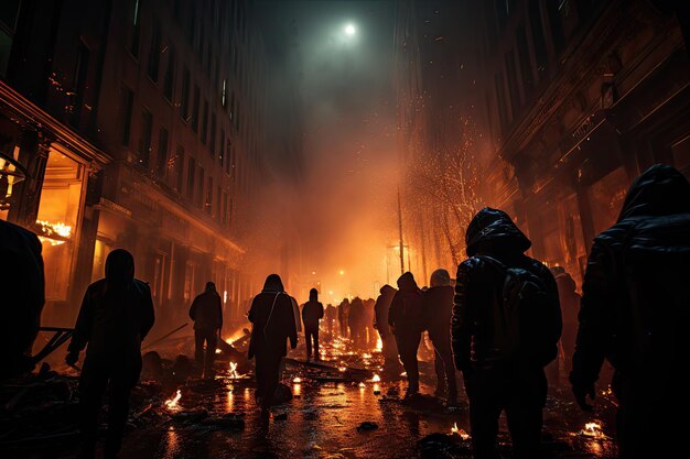 Le désordre et les manifestations se déroulent dans les rues animées d'une métropole.