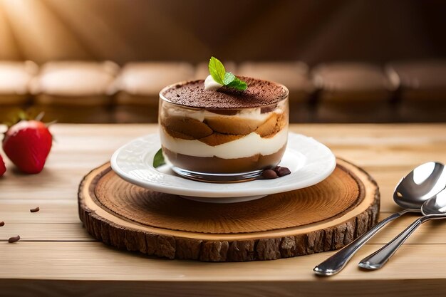 Un dessert sur une assiette avec une cuillère et un couteau sur une table en bois.