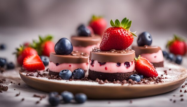 un dessert au chocolat avec des fraises et des bleuets sur le dessus