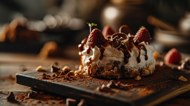 Photo dessert au chocolat gourmet sur une assiette sombre avec garniture présentation élégante sur une table en bois