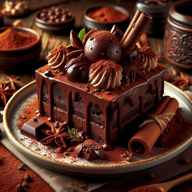 Un dessert au chocolat gourmet sur une table en bois décorée d'épices