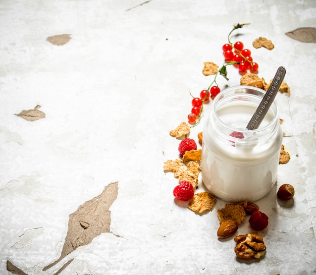 Dessert au lait avec des céréales, des noix et des baies sauvages sur fond rustique