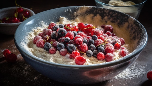 Dessert aux baies fraîches sur une table en bois rustique générée par l'IA