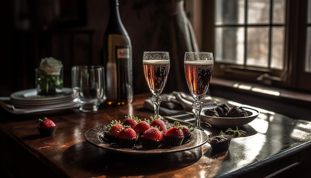 Dessert aux baies fraîches et vin sur une table rustique générée par l'intelligence artificielle