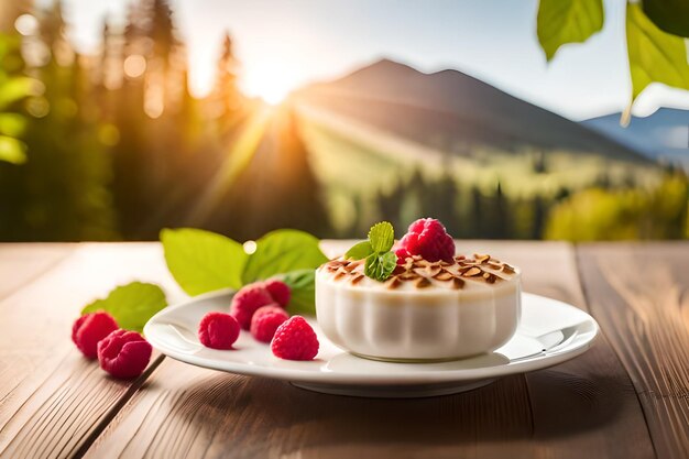 Photo un dessert aux framboises sur une assiette sur une table