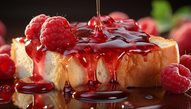 Photo un dessert aux framboises fraîches sur une table en bois, une douce indulgence générée par l'ia.