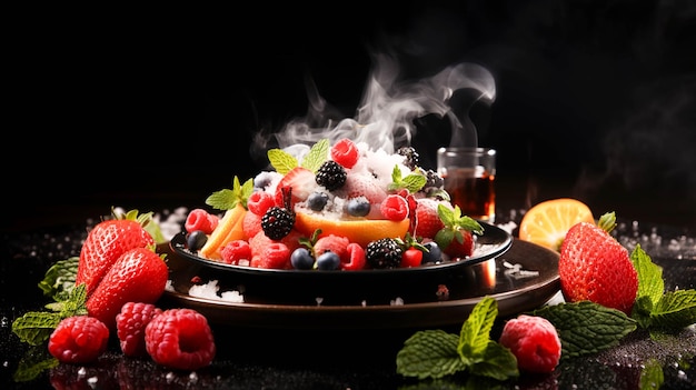 Dessert aux fruits frais sur une assiette avec garniture de feuilles de menthe et fumée dessus