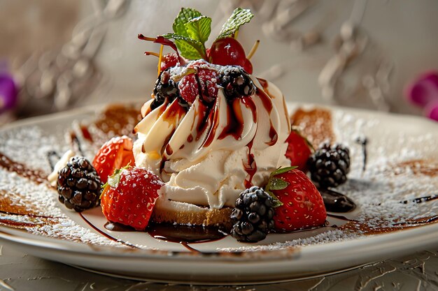 un dessert avec des baies et une fraise dessus