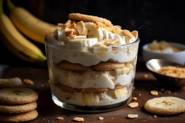Un dessert à la banane est sur une table avec des biscuits et un bol de crème de banane.