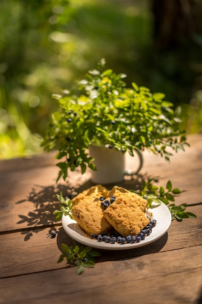 Dessert de biscuits aux myrtilles sur une table en bois à l'extérieur