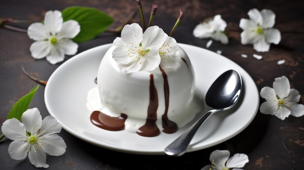 Un dessert blanc au chocolat et aux amandes sur une assiette avec une cuillère.