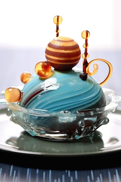 un dessert bleu avec des boules orange et blanches sur le dessus