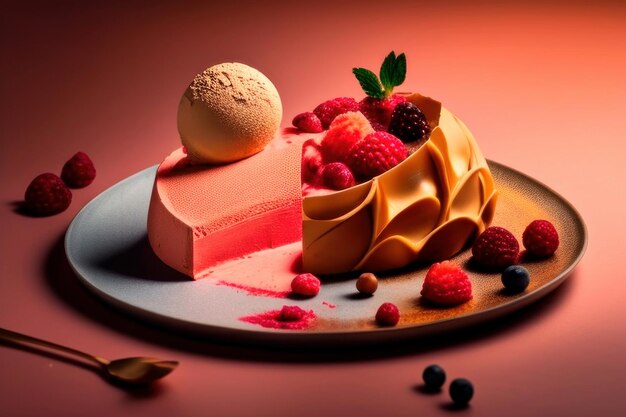 Un dessert avec une boule de glace et une boule de framboise.