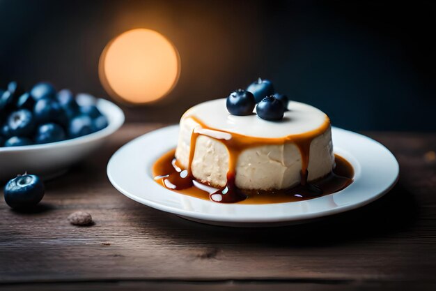 un dessert avec une cerise dessus est posé sur une assiette avec une bougie derrière.