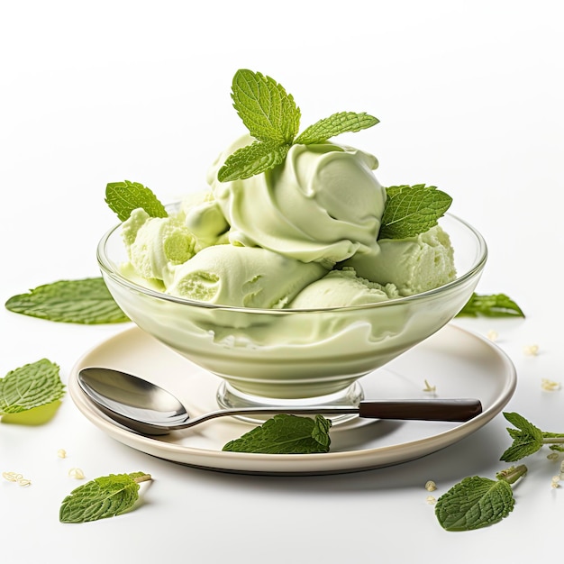 Un dessert à la crème glacée matcha sur fond blanc