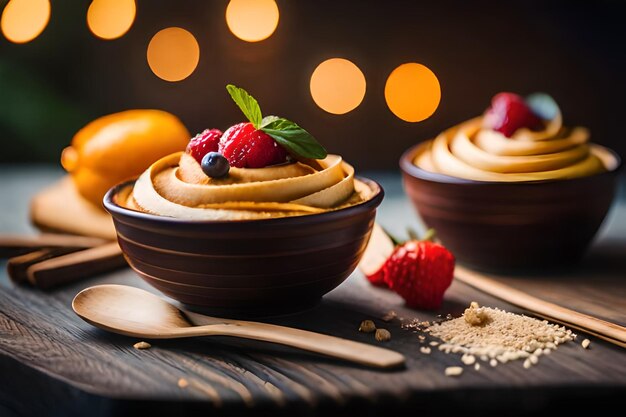 un dessert avec une cuillère et un bol de sucre et de fraises sur la table.