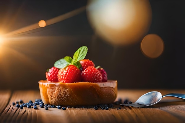 Un dessert avec une cuillère et une fraise sur le dessus.