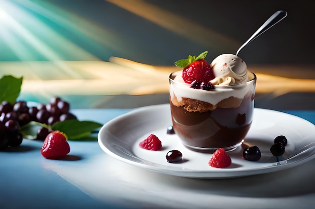 Un dessert dans un verre avec une cuillère à côté et une framboise sur le côté.