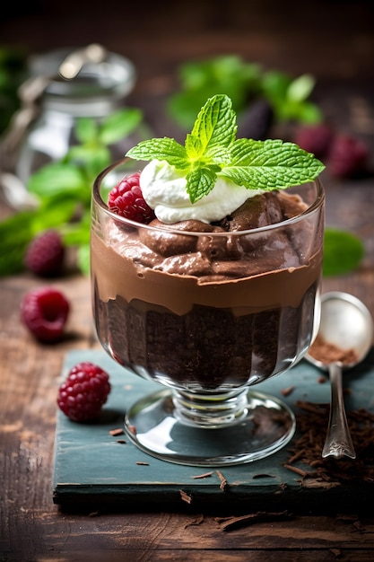 Un dessert dans un verre avec des framboises et des feuilles de menthe