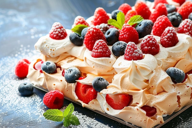 Un dessert délicieux et croustillant de pavlova avec des baies et de la meringue