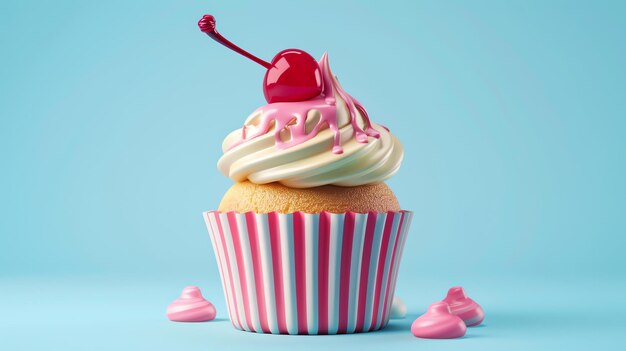 Photo un dessert délicieux et délicieux, un gâteau sucré, un glaçage de cerise rose, un fond blanc et bleu, un solus isolé 3d.