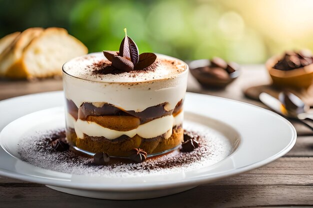 Photo un dessert avec du chocolat et de la crème sur une assiette