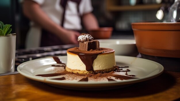 Un dessert avec du chocolat et de la vanille sur le dessus est posé sur une table devant un homme en chemise blanche.