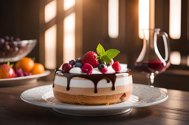 Un dessert avec du sirop de chocolat et des baies sur le dessus