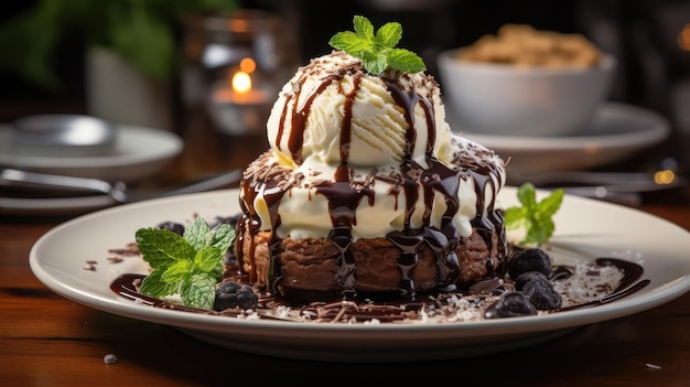 Un dessert fait de brownie et de crème glacée servi sur une assiette