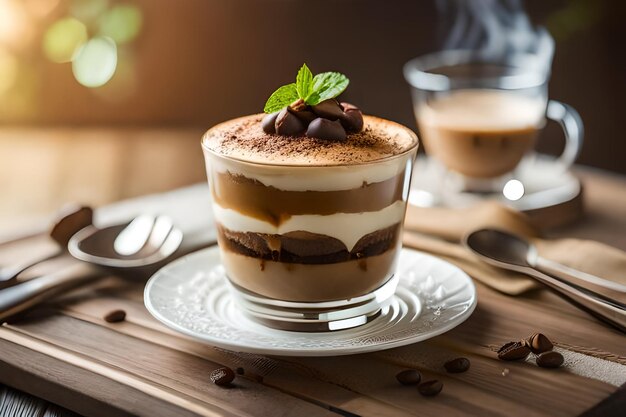 un dessert avec une feuille verte sur le dessus