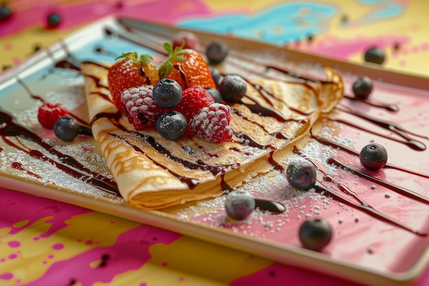 Un dessert avec un fond coloré et une sauce colorée