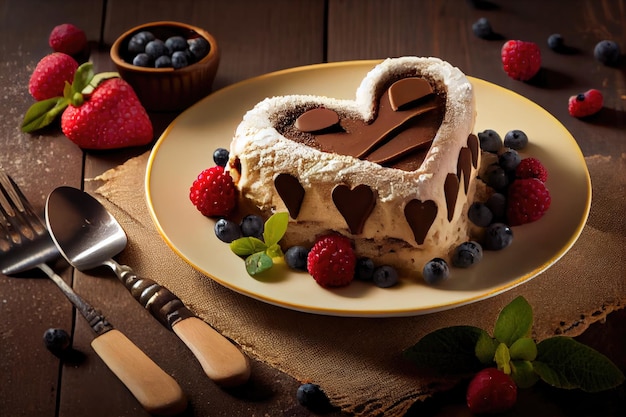Dessert en forme de tiramisu en forme de coeur recouvert de crème et décoré de baies