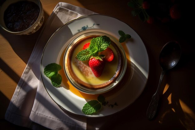 Un dessert avec une fraise sur le dessus