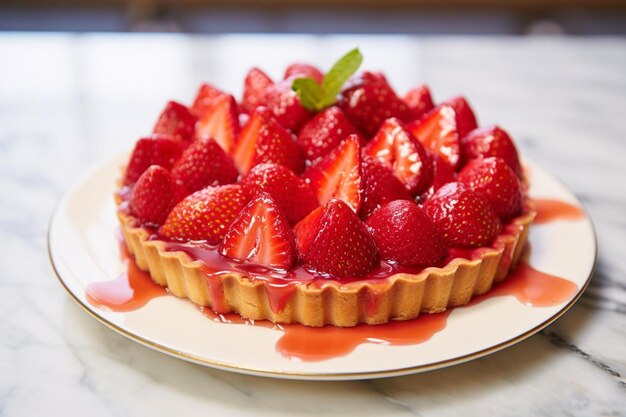 Un dessert avec des fraises sur une assiette et une assiette avec une feuille verte dessus.